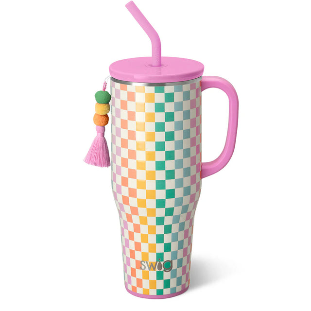 Colorful checkered tumbler with pink lid and handle on a white background