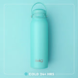 Turquoise Swig water bottle on a light blue background with 'Cold 24+ Hrs' text.
