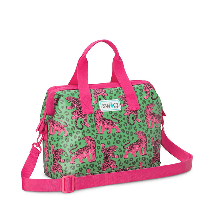 A green and pink patterned lunch bag with pink handles and a matching shoulder strap, featuring a white SWO brand patch on the front.