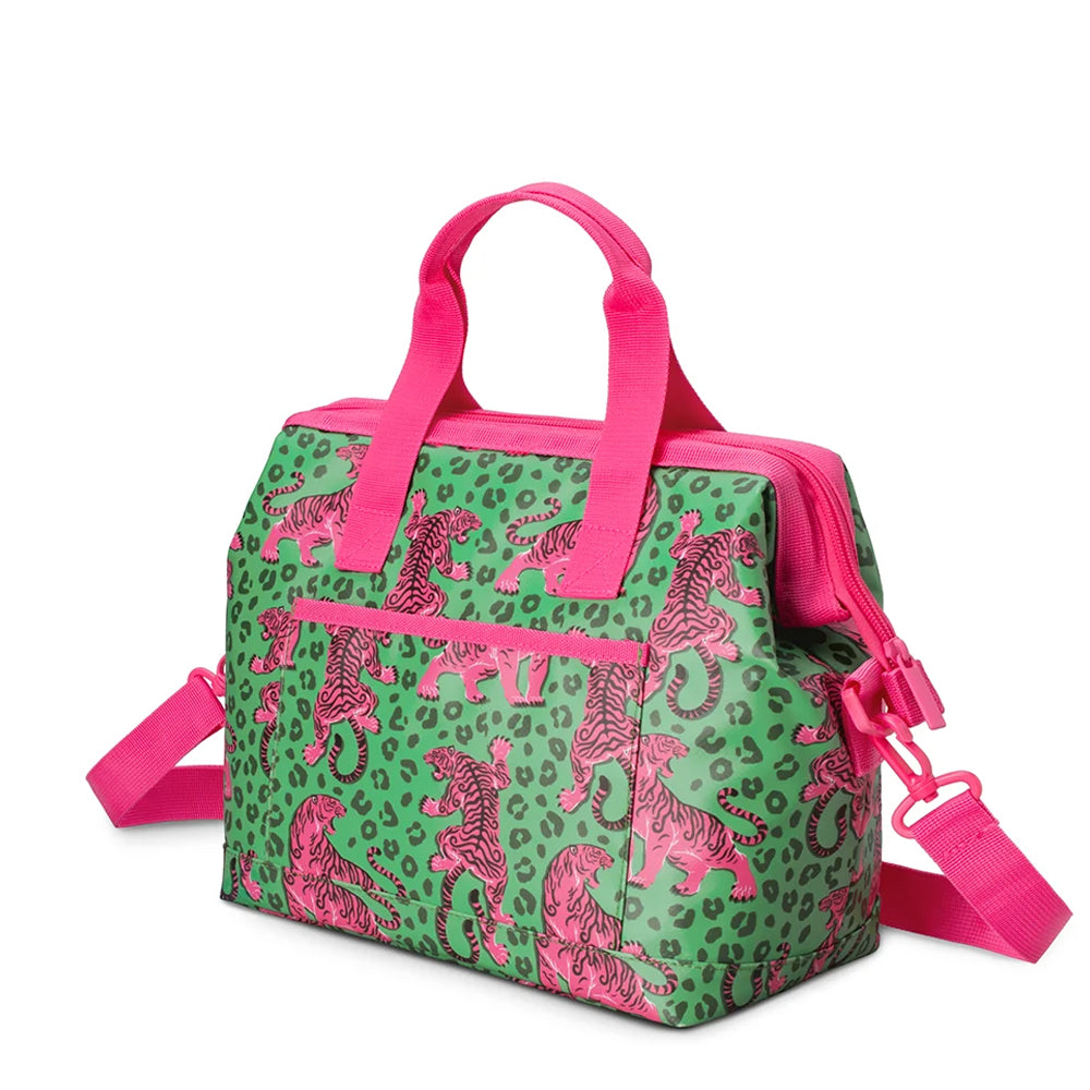 A green and pink insulated tote bag featuring a tiger print pattern, bright pink handles, a front zippered pocket, and an adjustable shoulder strap, shown on a white background.