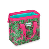 A Swig branded cooler bag featuring a green and pink leopard print pattern with pink tiger illustrations, bright pink handles and zipper trim, and a turquoise interior lining.