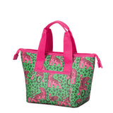A green and pink insulated tote bag featuring a pink tiger and leopard print pattern, with bright pink handles and zipper trim, shown on a white background.