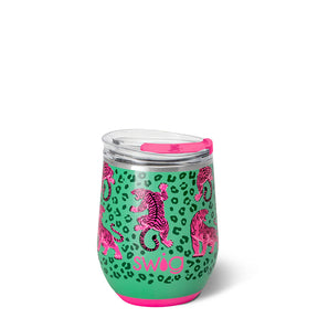 A green and pink swag tumbler with a leopard print pattern, pink tiger illustrations, and the brand name 'SWAG' on the front, shown on a white background.
