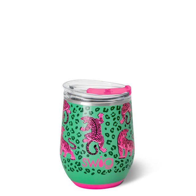A green and pink swag tumbler with a leopard print pattern, pink tiger illustrations, and the brand name 'SWAG' on the front, shown on a white background.