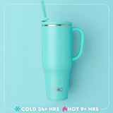 A mint green insulated travel tumbler with a handle, lid, and straw, featuring the 'swig' brand logo near the bottom. The tumbler is set against a matching light blue background with a white rounded border.