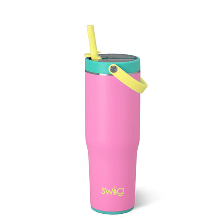Pink swig tumbler with a yellow straw and handle on a white background
