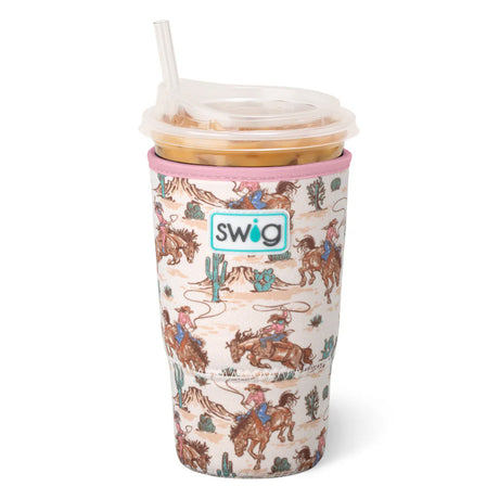Tumbler with cowboy design and Swig logo on a white background