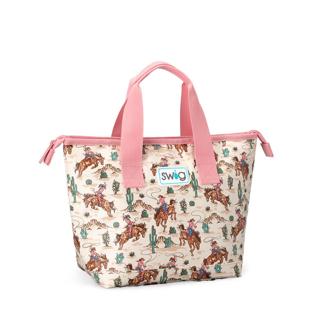 Tote bag with cowboy pattern and pink handles on a white background