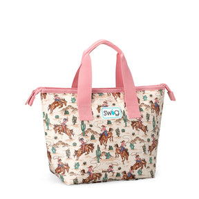 Tote bag with cowboy pattern and pink handles on a white background