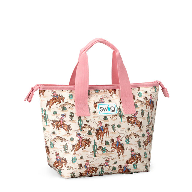 Tote bag with cowboy pattern and pink handles on a white background
