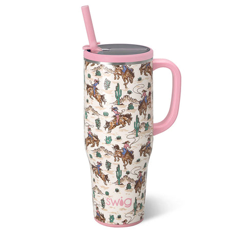 Tumbler with cowboy pattern and pink handle on a white background
