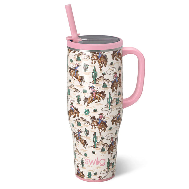 Tumbler with cowboy pattern and pink handle on a white background