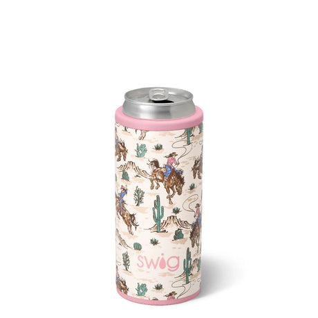 Can cooler with cowboy and cactus design on a white background