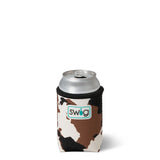 Cow print can cooler with 'swig' logo on a white background