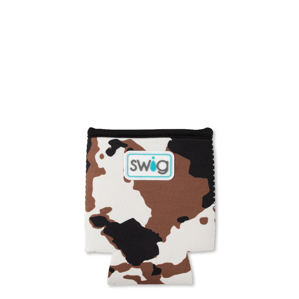 Cow print can cooler with Swig logo on a white background