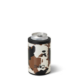 Camouflage-patterned can cooler with 'swig' branding on a white background