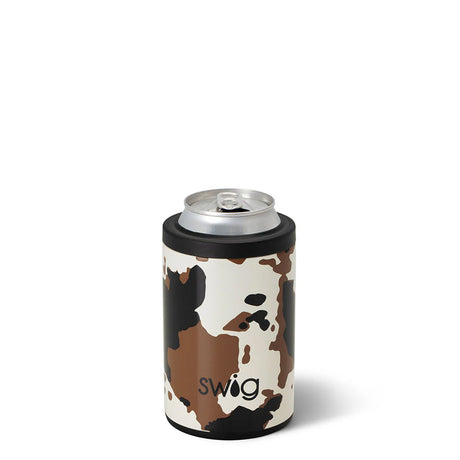 Camouflage-patterned can cooler with 'swig' branding on a white background