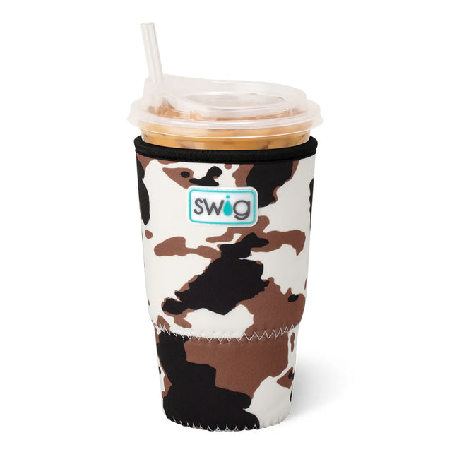 Camouflage-patterned cup with a straw on a white background