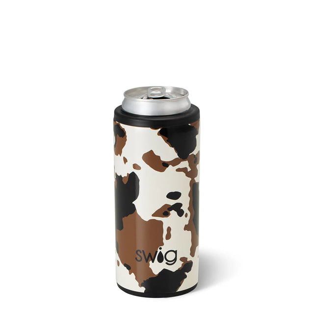 Cow print can cooler with 'Swig' branding on a white background