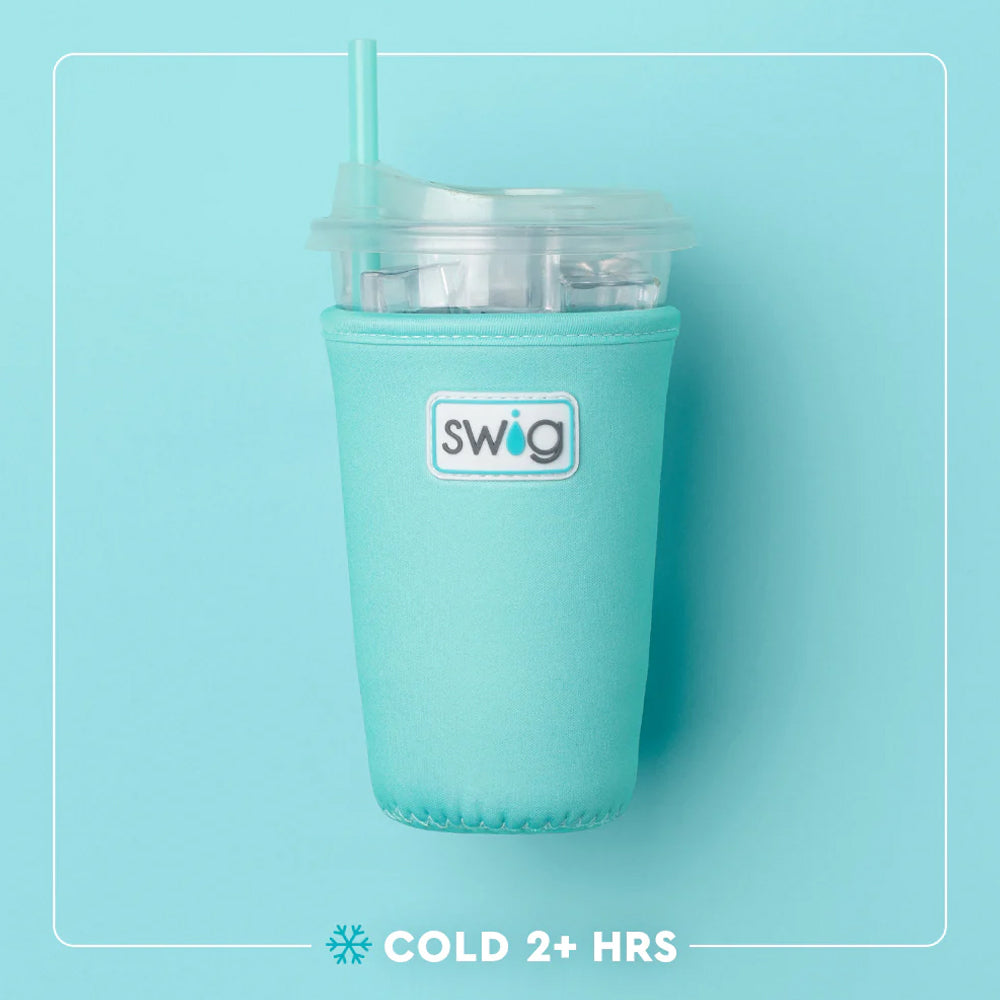 Turquoise tumbler with a clear lid on a light blue background, featuring the Swig brand.