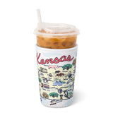 Tumbler with 'Kansas' design and ice coffee on a white background