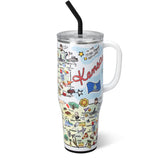 Tumbler with various illustrations and text on a white background