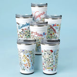 Set of tumblers with state-themed designs on a light blue background