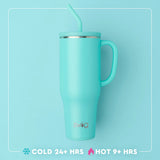 Turquoise mug with straw on a light blue background, featuring the Swig brand.