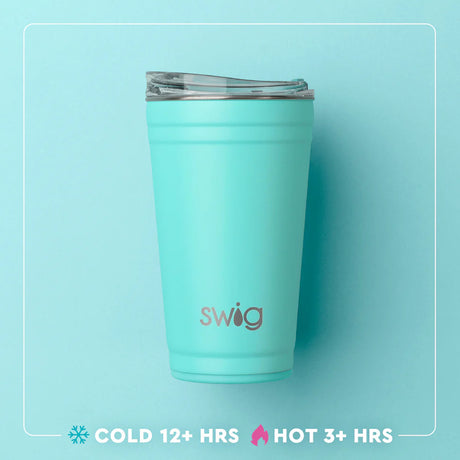 Turquoise tumbler with 'Swig' logo on a light blue background