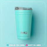 A mint green insulated travel tumbler with a clear lid, featuring the 'swig' logo on the front. The tumbler is set against a matching light blue background with a white decorative border.