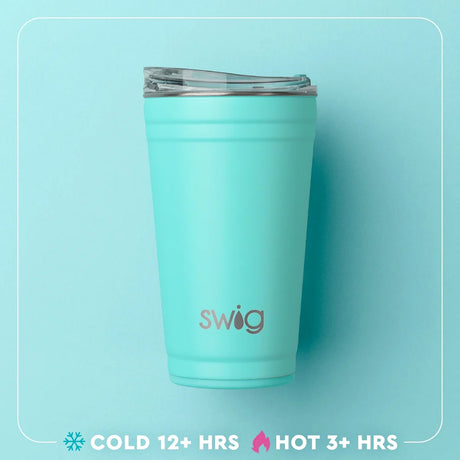 A mint green insulated travel tumbler with a clear lid, featuring the 'swig' logo on the front. The tumbler is set against a matching light blue background with a white decorative border.