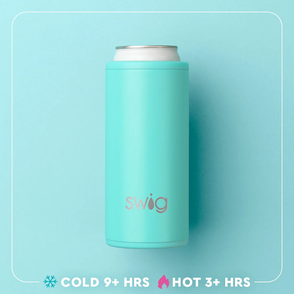 A mint green Swig can cooler sleeve holding a silver can, centered on a light blue background with a white rounded border. Text at the bottom reads 'COLD 9+ HRS' and 'HOT 3+ HRS' with temperature icons.