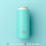 A mint green Swig can cooler sleeve holding a silver can, centered on a light blue background with a white rounded border. Text at the bottom reads 'COLD 9+ HRS' and 'HOT 3+ HRS' with temperature icons.