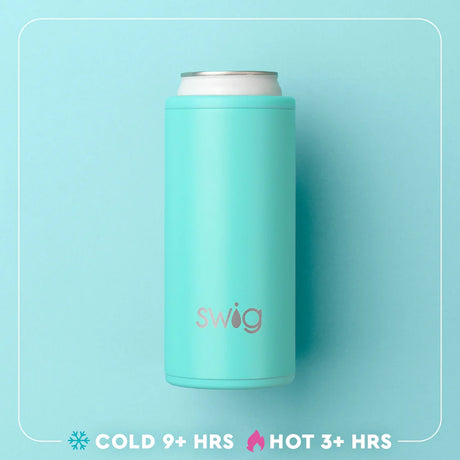 A mint green Swig can cooler sleeve holding a silver can, centered on a light blue background with a white rounded border. Text at the bottom reads 'COLD 9+ HRS' and 'HOT 3+ HRS' with temperature icons.