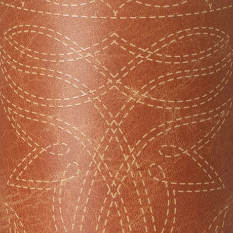 A close-up of a brown leather-like surface with a repeating stitched geometric pattern in a lighter tan color.