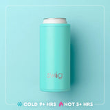 Turquoise Swig insulated can holder on a light blue background