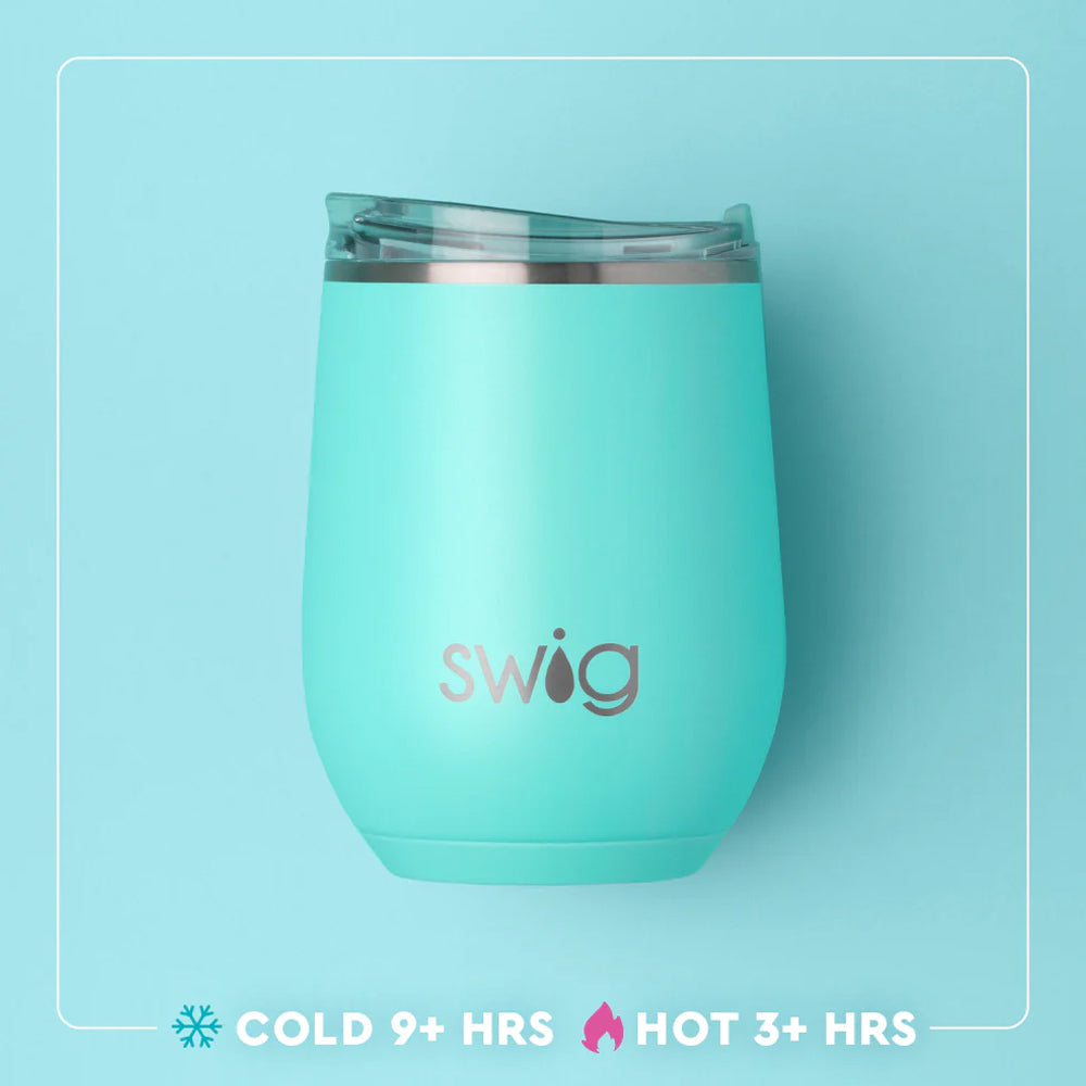 Turquoise tumbler with 'Swig' logo on a light blue background