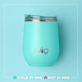 Turquoise tumbler with 'Swig' logo on a light blue background