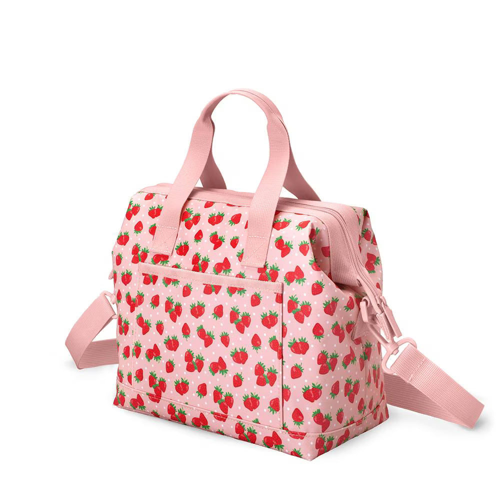 Pink bag with strawberry pattern on a white background
