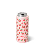 Pink can cooler with strawberry pattern and 'swig' branding on a white background