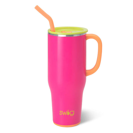 Pink mug with orange handle and straw on a white background