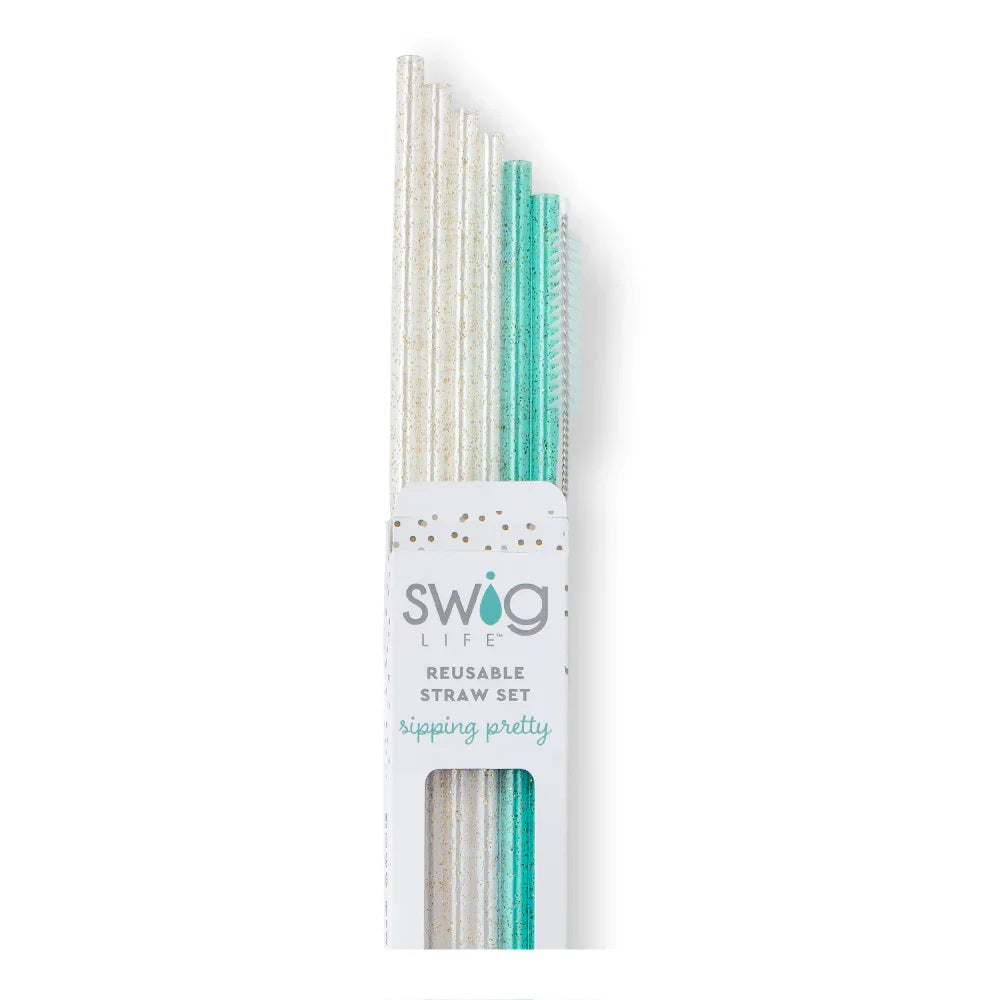 Swig Life Glitter Clear & Aqua Reusable Straw Set