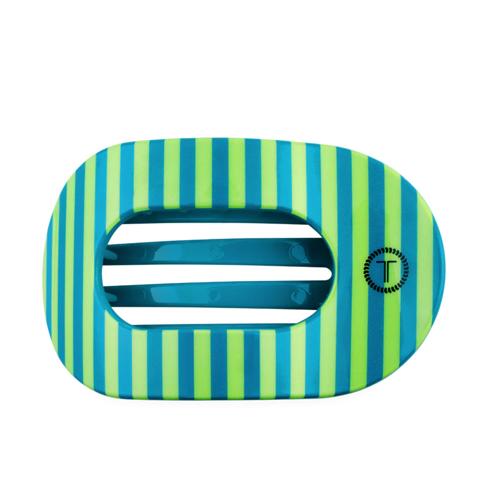 Striped blue and green hair clip with a brand logo on a white background
