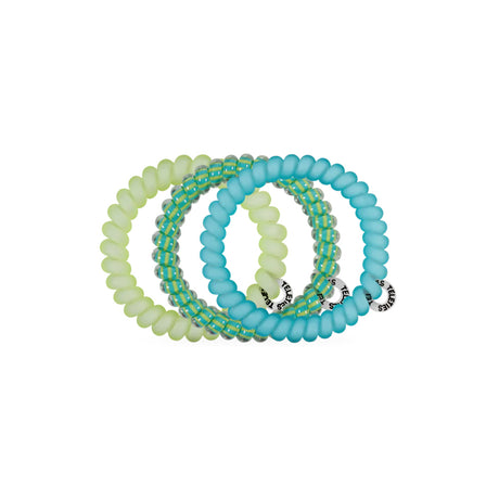 Set of three hair ties in green and blue on a white background