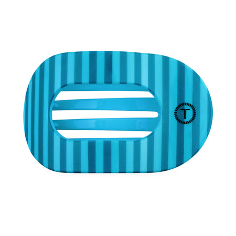 Blue striped hair clip with a brand logo on a white background