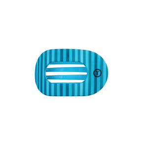 Blue striped hair clip with a logo on a white background