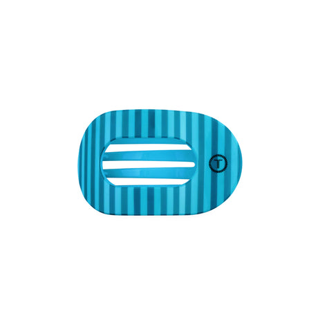 Blue striped hair clip with a logo on a white background