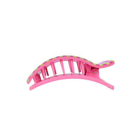 Pink hair clip with green accents on a white background