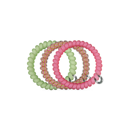 Set of three colorful beaded bracelets on a white background