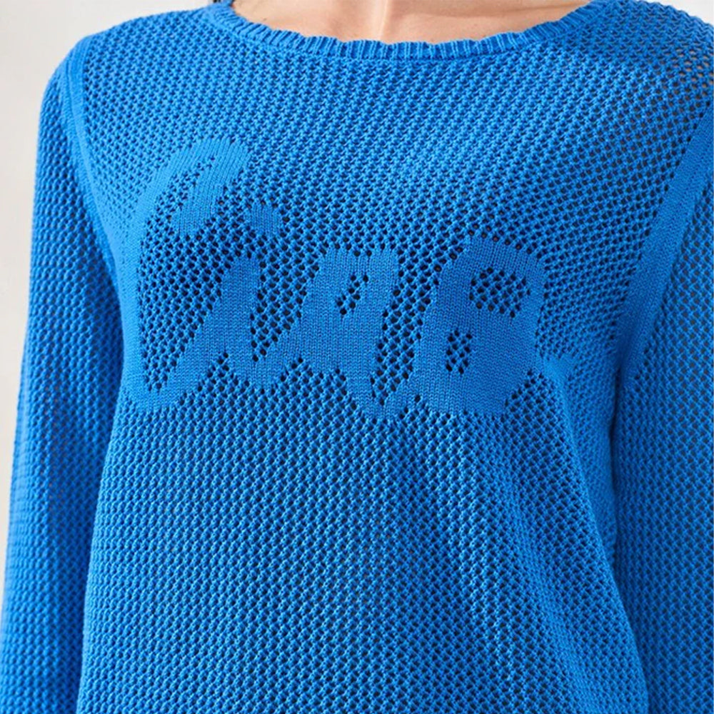 Blue sweater with 'Aruba' text on a plain background